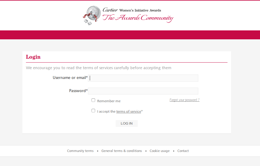 Copie d'écran de la page d'accueil de la plateforme communautaire Cartier Women's Initiative Awards