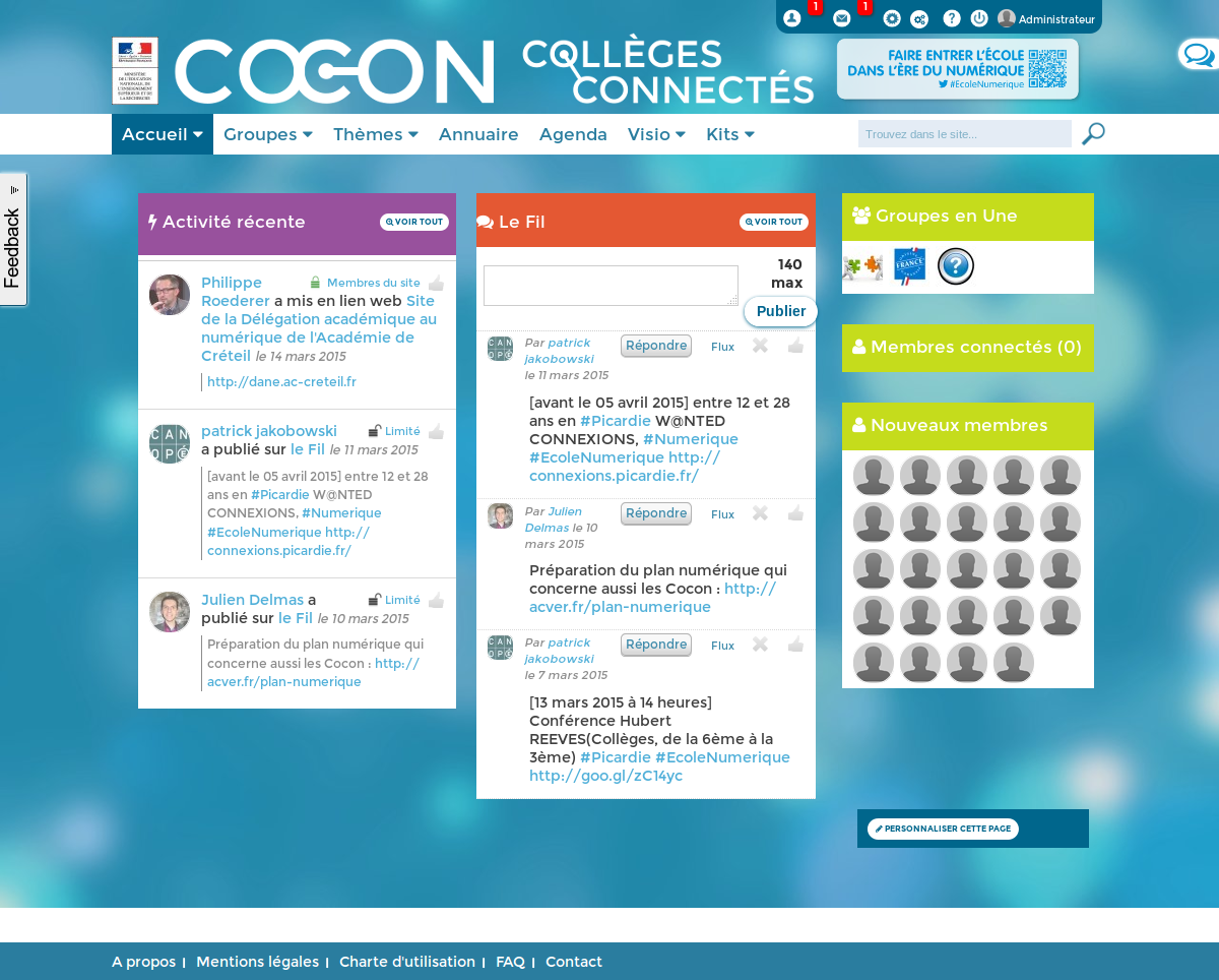 Copie d'écran de la page d'accueil du site des Collèges connectés : dernières publications et membres connectés