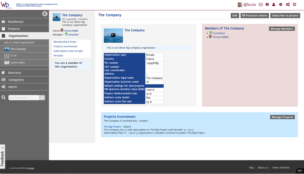 Copie d'écran de la page d'accueil d'une organisation membre d'un consortium européen sur Weepy